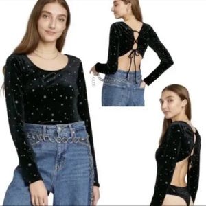 Wild Fable Black Velvet Glitter Star Open Back Bodysuit Multiple Sizes